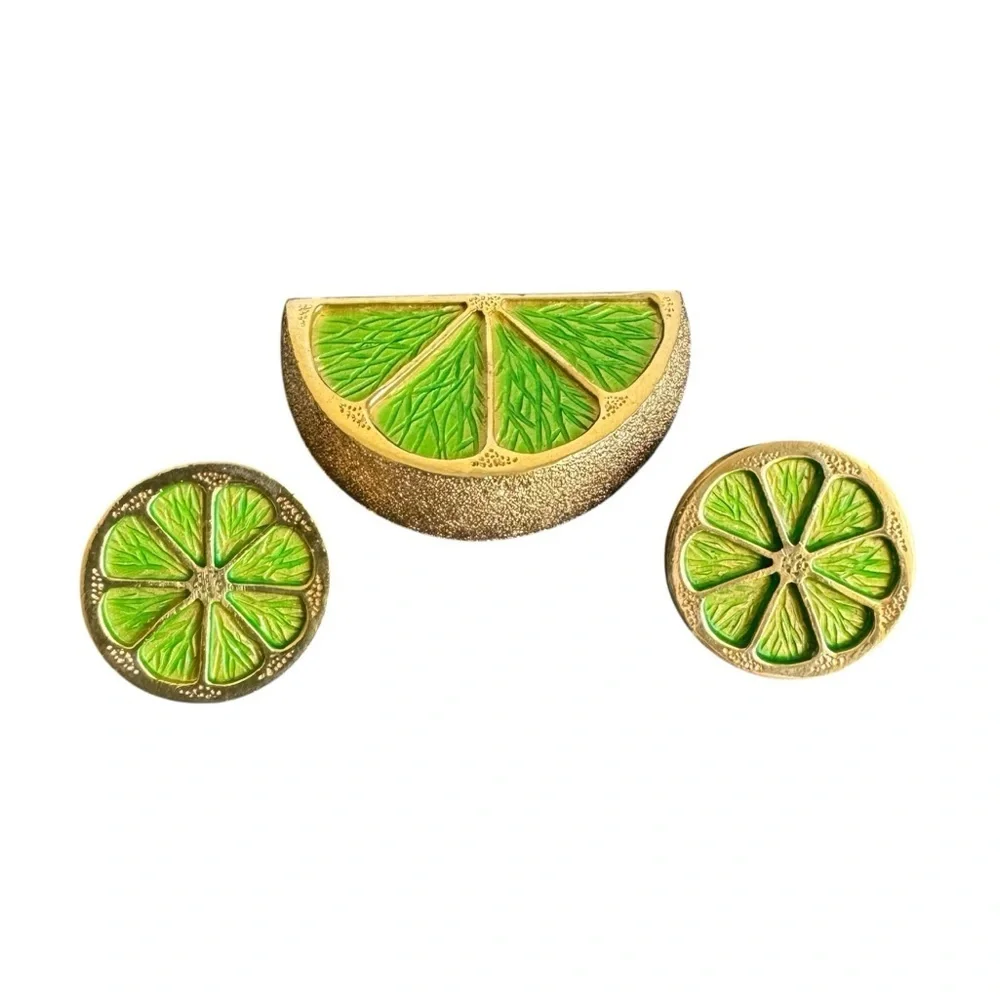 Napier Lime Slice Brooch & Earrings Set Green Gold Fruit Jewelry Vintage Clip On